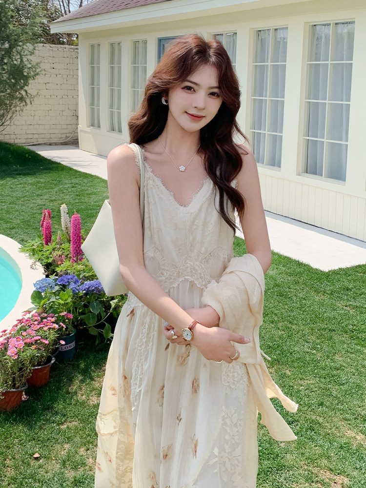 法式浪漫蕾丝拼接吊带连衣裙套装女2025秋新款长袖开衫气质两件套,女装套装/套裙,浙宝220