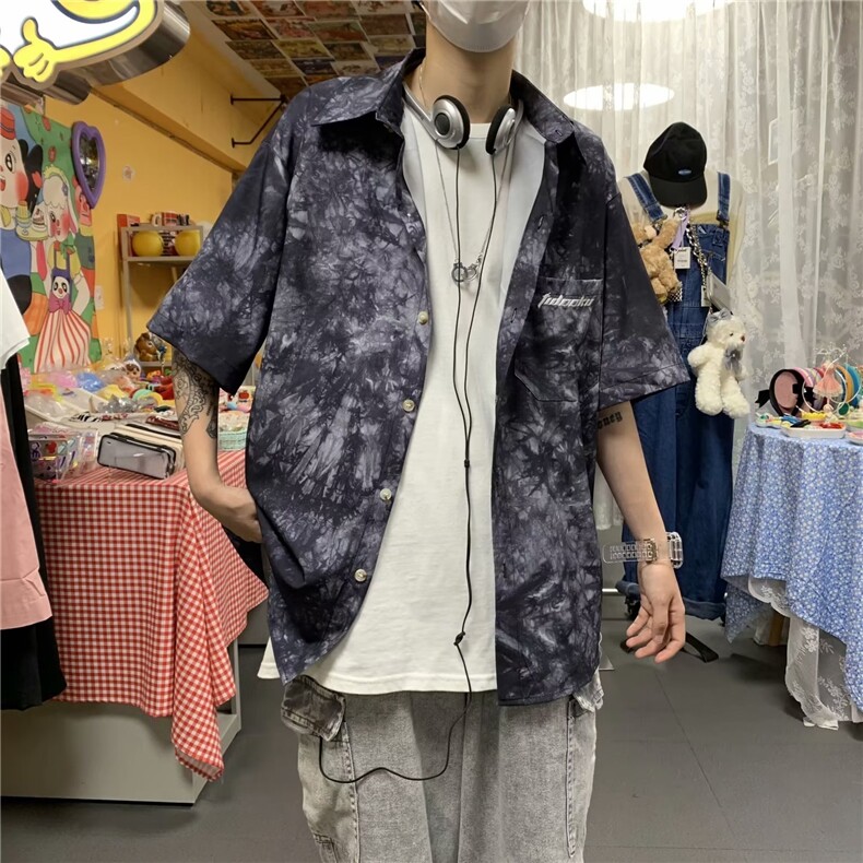 扎染衬衫男ins港风嘻哈潮牌短袖外套CA01P22,男装衬衫,星座1116-2