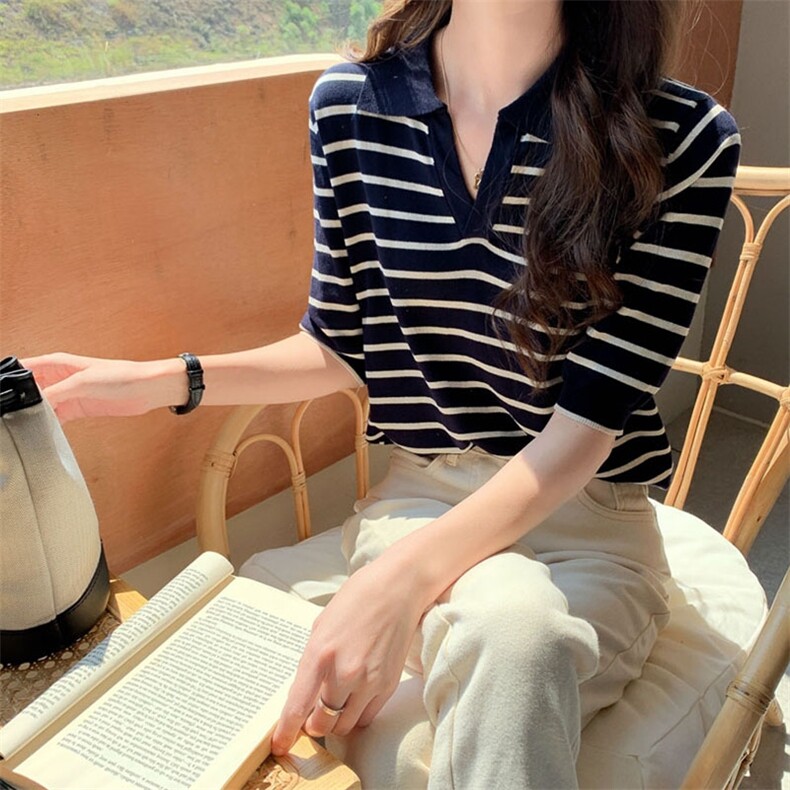黑白条纹polo简约夏季复古翻领针织衫上衣宽松百搭直筒短袖T恤女,针织衫/毛衣,百色羊绒