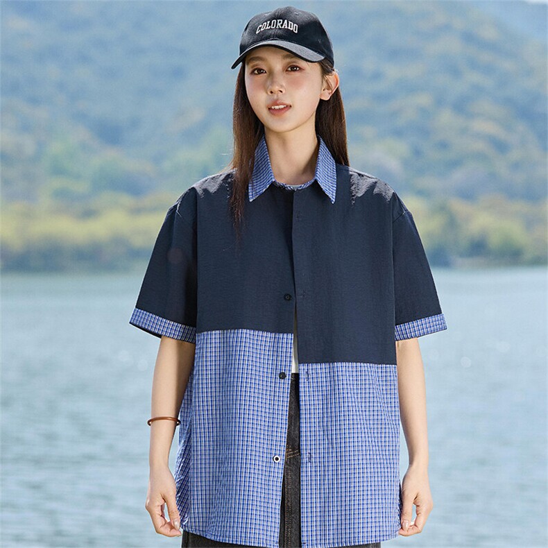拼接格子衬衫夏季2025新款短袖衬衣休闲外套女A406C6059特P40,男装衬衫,星座309（原A406）