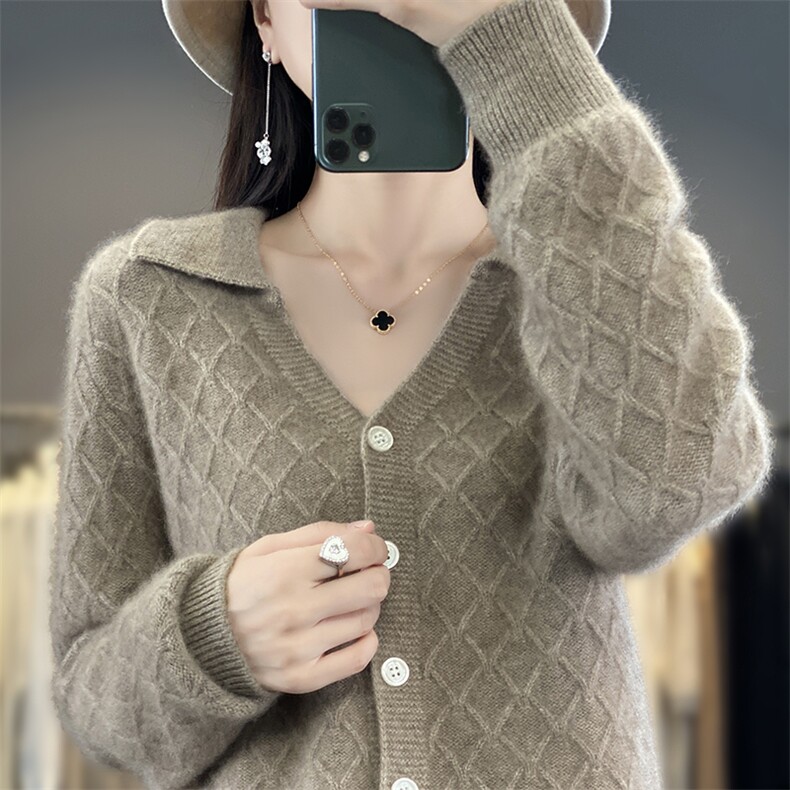 25新款100%纯羊毛开衫女POLO领提花毛衣针织衫外套宽松羊绒衫上衣,女装羊毛衫,邓利维