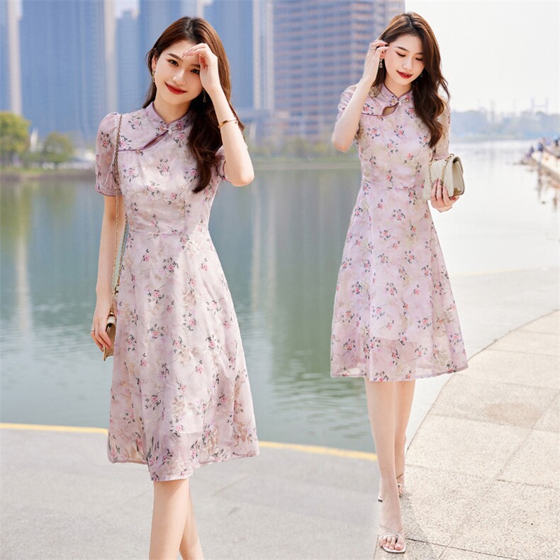2023新款夏装女装复古立领碎花中长款减龄显瘦旗袍裙连衣裙图片
