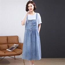 2022夏季新款时尚气质宽松显瘦休闲舒适背带牛仔裙套装，女装套装/套裙，丽影随形