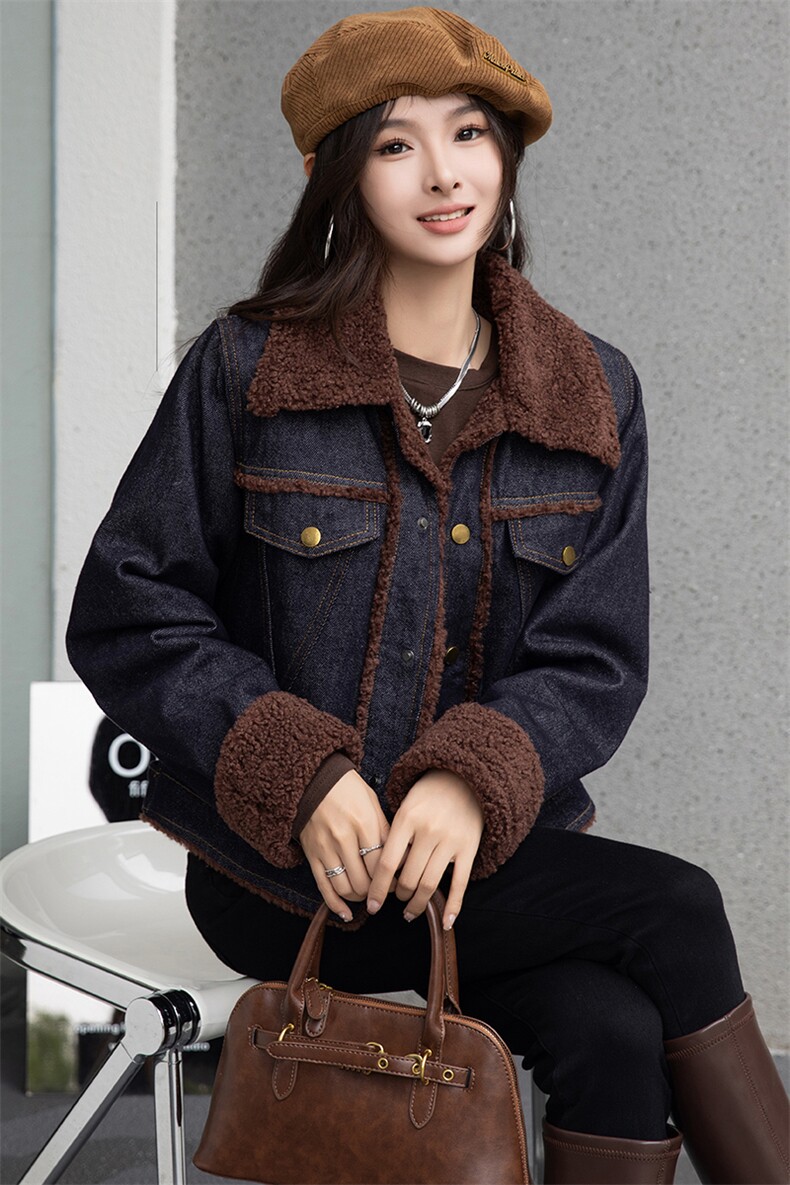 现货复古仿羊羔毛棉衣外套女2024冬新款韩版时髦加绒加厚牛仔棉服,女装牛仔外套,江南女神