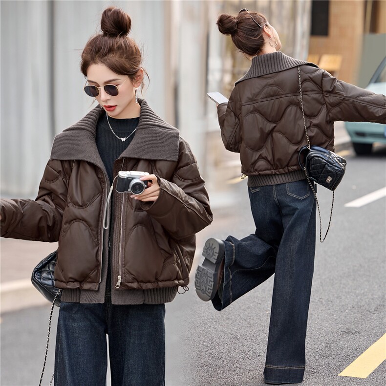2025新款冬季90绒加厚小个子短款PU皮拼接毛线领假两件羽绒服外套,女装羽绒服,瑶迪依秀