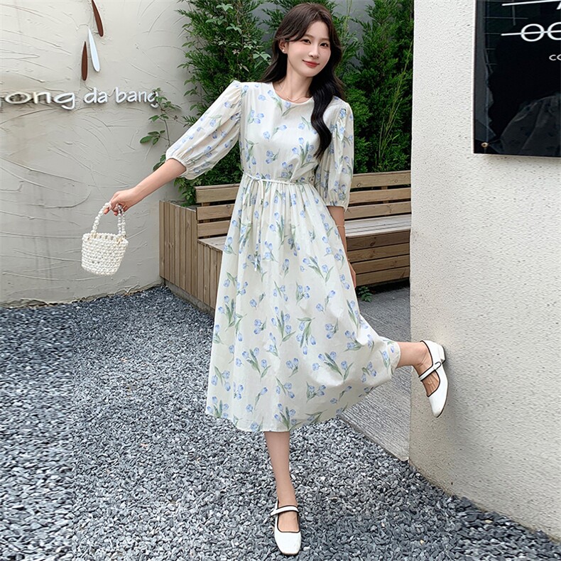 多巴胺粉色碎花连衣裙2025新款女夏森系甜美宽松遮肚显瘦法式长裙,女装连衣裙,天使之佳话