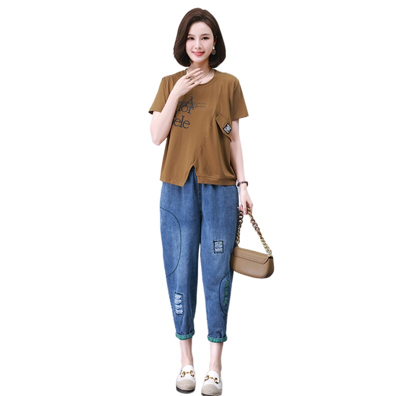 夏季休闲套装女2023年新款中年妈妈时尚洋气短袖宽松牛仔裤两件套,女装套装/套裙,叶笙衣