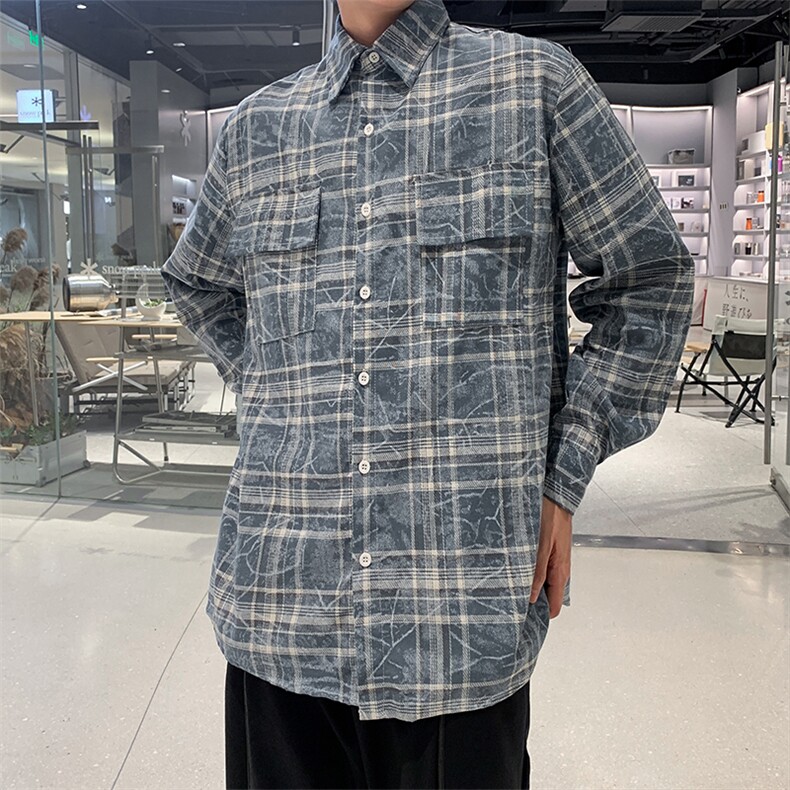港风夏款男衬衫条纹扎染印花工装大口袋长袖衬衣CS40P48,男装衬衫,星座1013-1