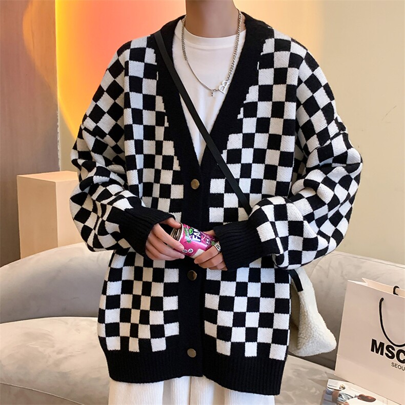 M3125-P85秋装新款潮流棋盘格毛衣男女情侣宽松针织开衫上衣外套,男装针织衫/毛衣,电商A009A（原A058A）