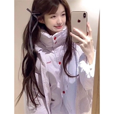 韩系甜美风条纹撞色蝴蝶结系带连帽棉服女学生冬季加厚面包服外套，男装夹克，星座506A