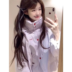 韩系甜美风条纹撞色蝴蝶结系带连帽棉服女学生冬季加厚面包服外套图片