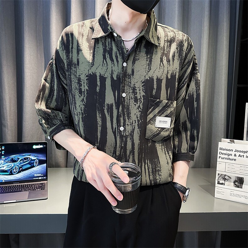 社会小伙2025春季新品衬衫男士七分袖水墨扎染衬衫潮901-C20P58,男装衬衫,星座901