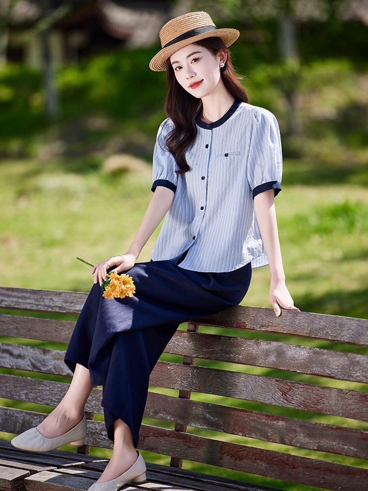 巨好看通勤气质套装女2025夏季新款时尚减龄短袖衬衫裤腿裤两件套,女装套装/套裙,靓衣阁