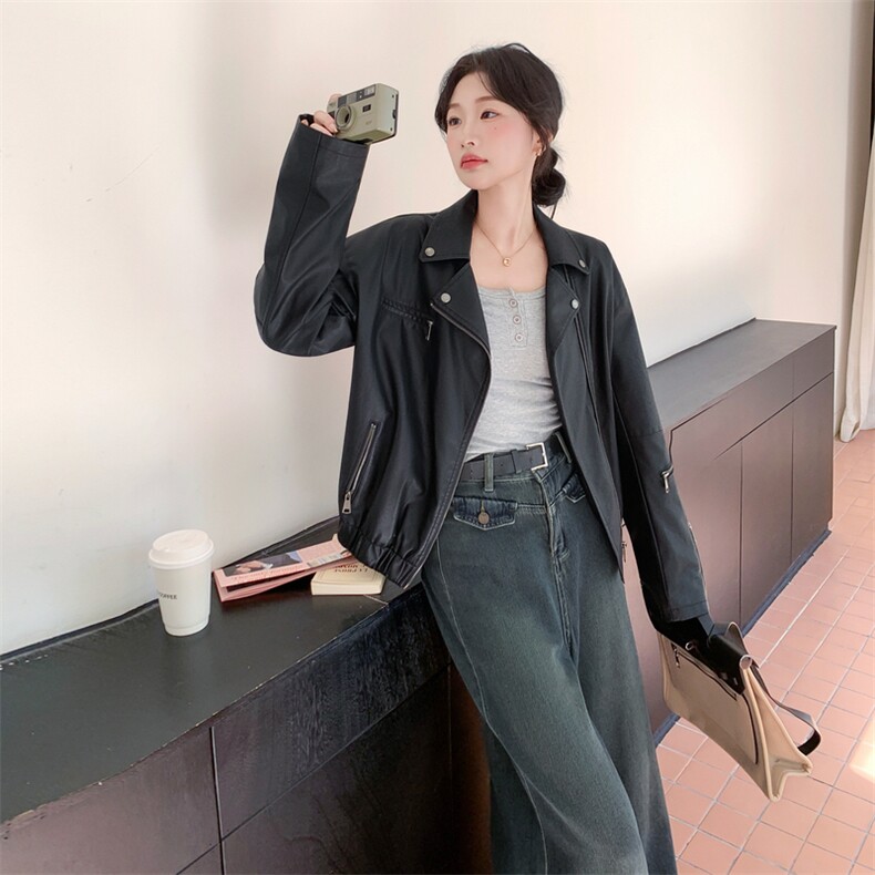 黑色中性风机车皮衣外套女2025秋季新款高级感时尚炸街百搭夹克潮,女装皮衣,2C058