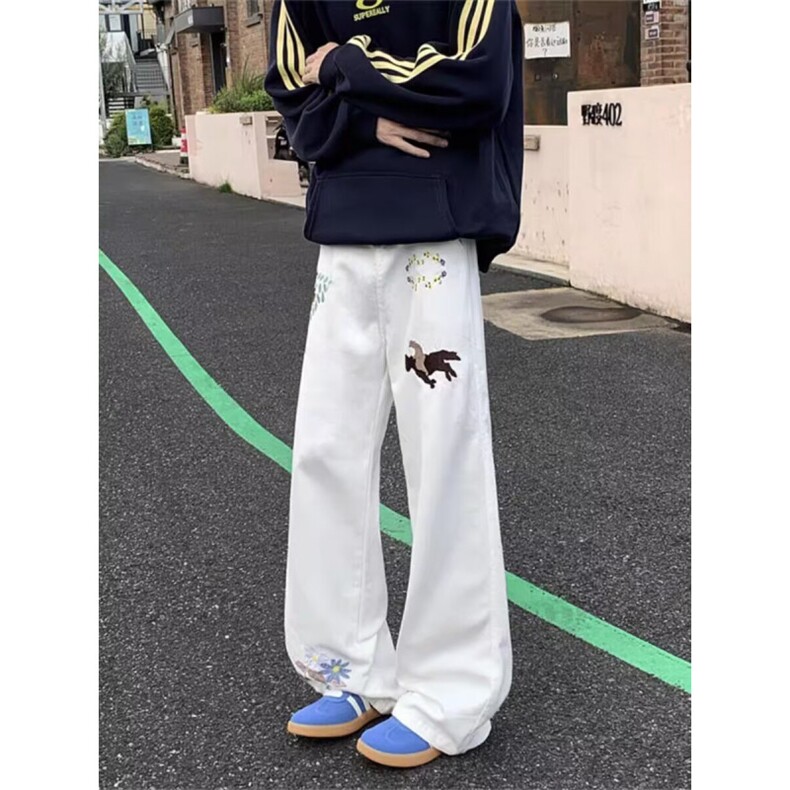 牛仔裤男春秋季潮牌宽松直筒港风裤子高街印花学生拖地阔腿长裤子,男装牛仔裤,四季星座505