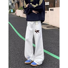 牛仔裤男春秋季潮牌宽松直筒港风裤子高街印花学生拖地阔腿长裤子，男装牛仔裤，四季星座505