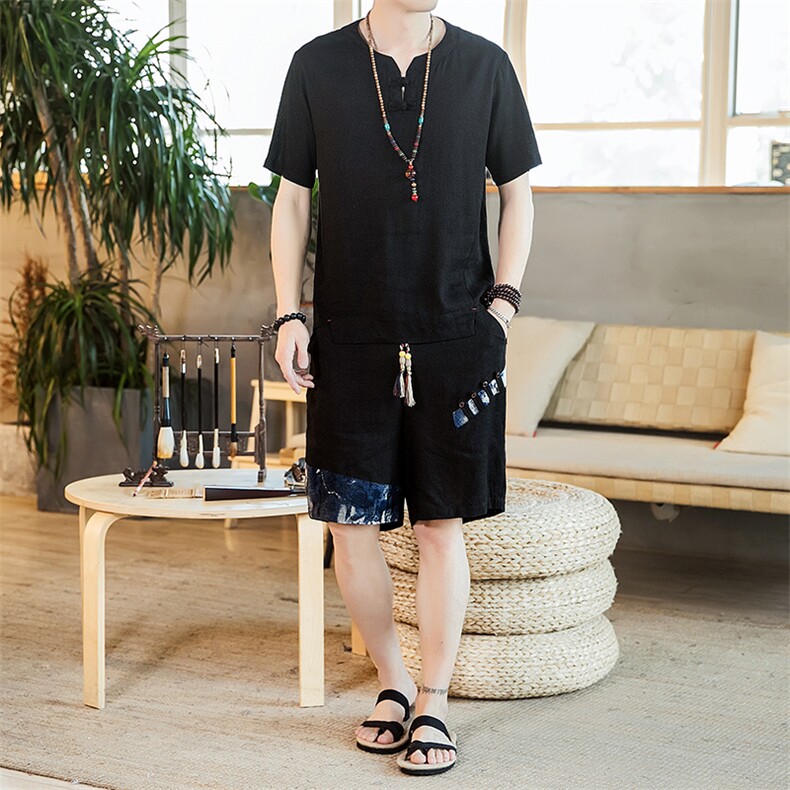 夏季亚麻风盘扣套装男棉麻男士短裤T恤一套A266-1-TZ4956-P75,男装T恤,电商A266-1
