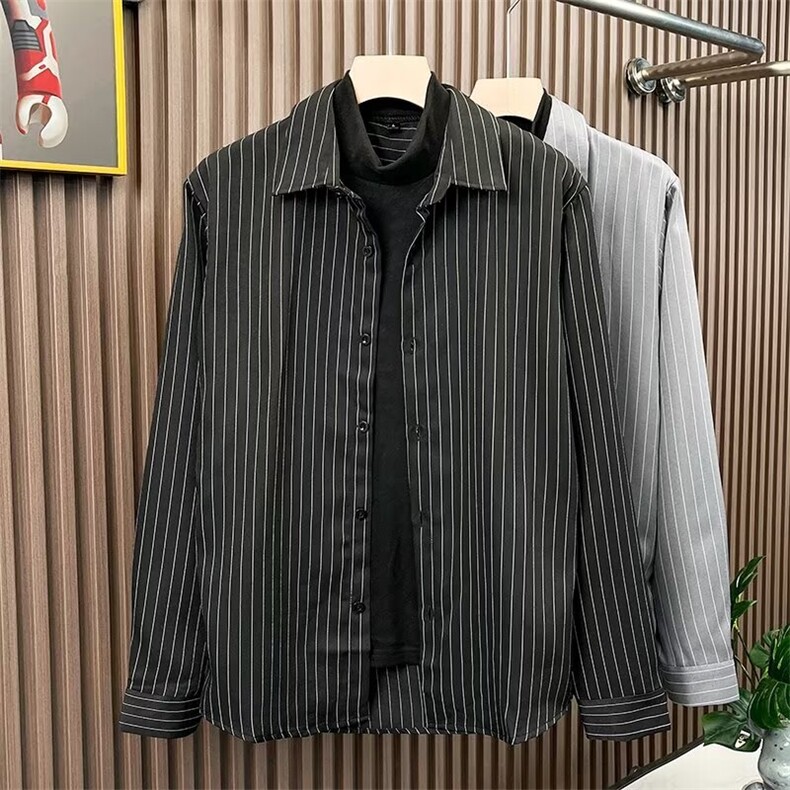 夏季条纹常规宽松型男士高级感假两件衬衫翻领长袖Q803/P45,男装衬衫,星座506B