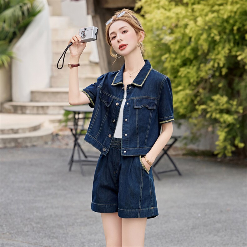 欧货牛仔套装2025夏季新款时尚宽松好穿短袖上衣短裤两件套潮款女,女装套装/套裙,意芙
