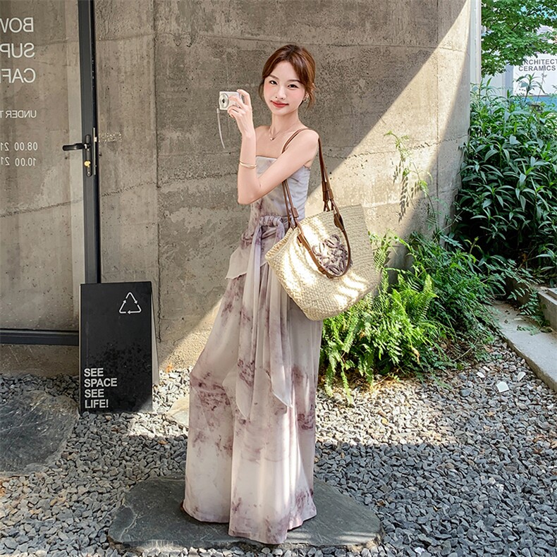 法式浪漫风气质晕染抹胸上衣阔腿裤套装女2025新高级设计感两件套图片