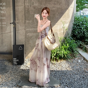 法式浪漫风气质晕染抹胸上衣阔腿裤套装女2025新高级设计感两件套图片