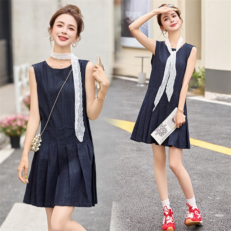 那末复古feel韩系圆领无袖牛仔背心裙女慵懒风宽松压褶裙子Q1758，女装连衣裙，木橙西子