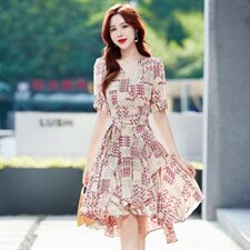 欧洲站女士2025春夏新款时尚优雅洋气显瘦百搭不规则荷叶边连衣裙，女装连衣裙，贵人树
