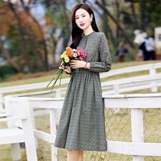 纯棉碎花连衣裙女长袖2026年新款收腰中长款洋气妈妈春打底裙子，女装连衣裙，倪叶myz