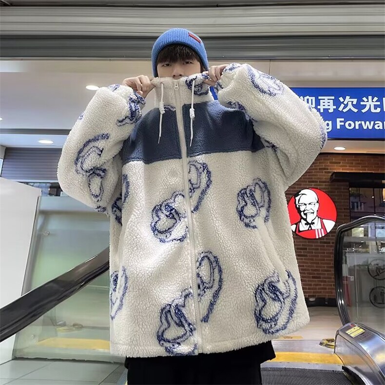 秋冬季拼接羊羔毛棉衣男新款潮流潮宽松休闲情侣夹克外套HH01P52,男装夹克,星座1013-5