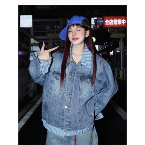 格子拼接牛仔外套男女美式潮牌休闲情侣假两件夹克JKA203图片