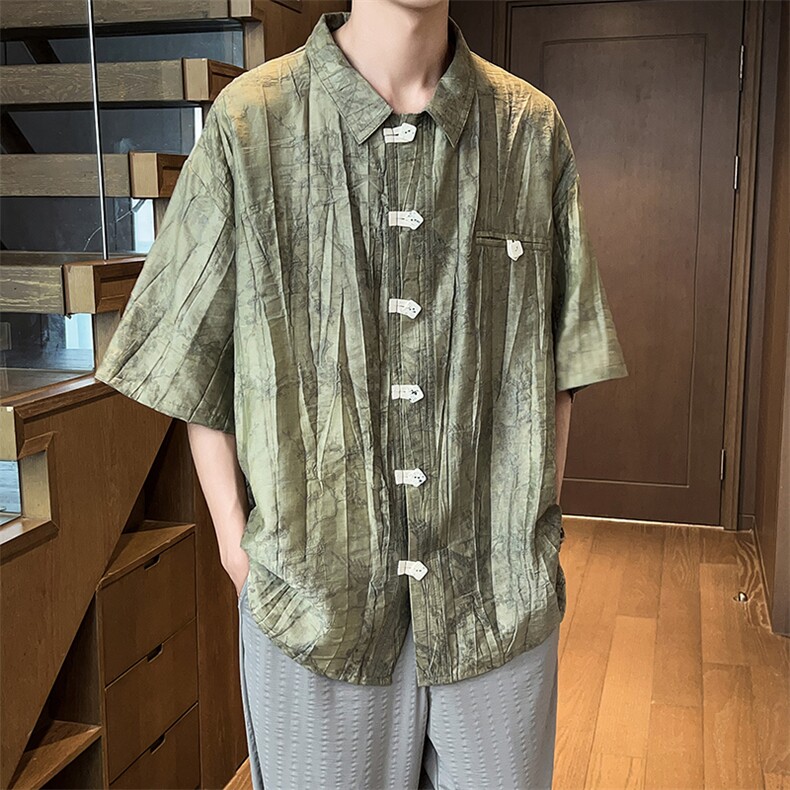 703-C332-P65夏季天丝提花炒色风休闲衬衫新中式短袖,男装衬衫,星座703
