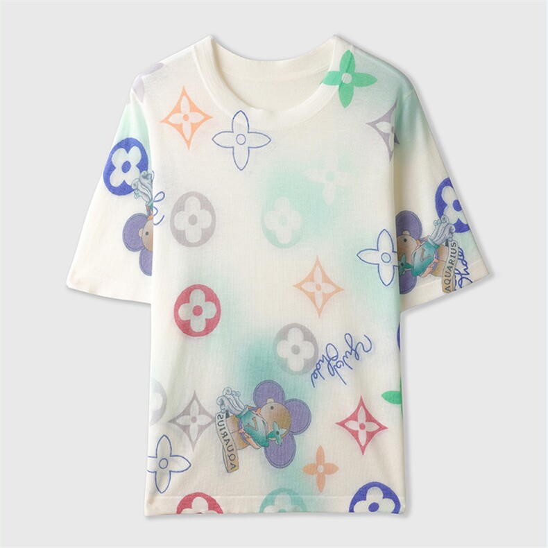 韩版短袖t恤女夏季2025新款圆领印花羊毛衫半袖薄款短款针织上衣，女装T恤，朝贺羊绒