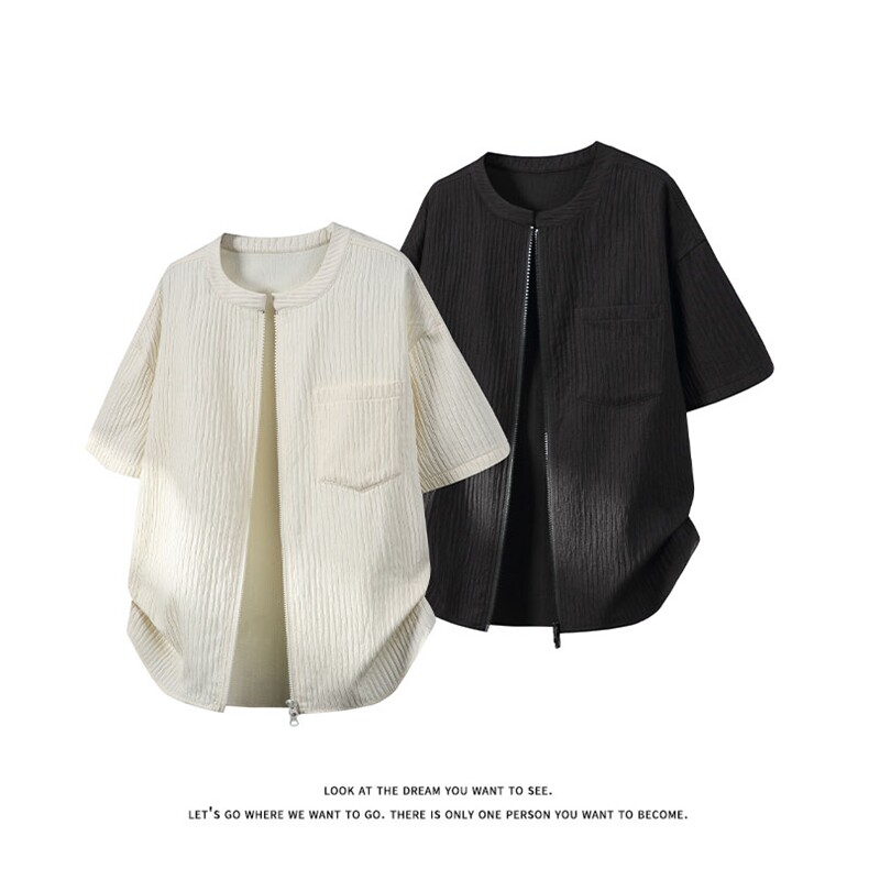 休闲风落肩袖短袖T恤男女宽松圆领拉链肌理感上衣DC2278-特价P35，男装T恤，电商A007