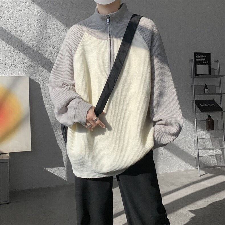 8XL-M撞色半拉链毛衣宽松慵懒风插肩袖大码针织衫外套MY1513/P75,男装针织衫/毛衣,电商B238