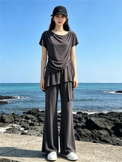 韩版时尚休闲套装女夏季新款斜肩收腰短袖上衣蕾丝屁帘长裤两件套，女装套装/套裙，江南