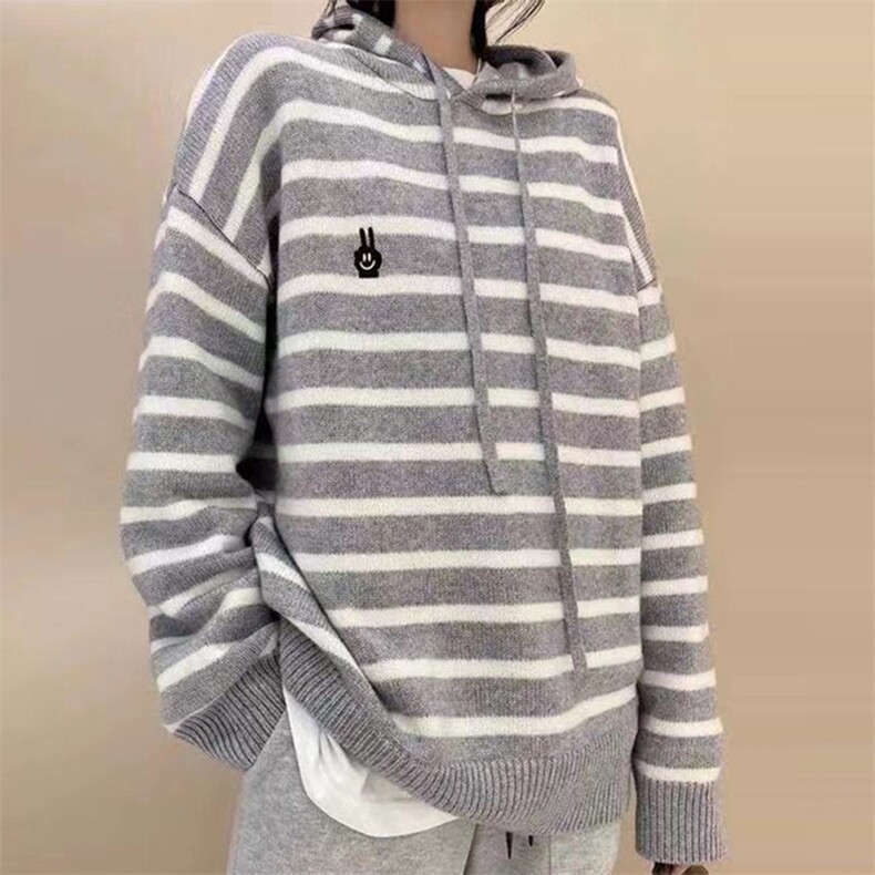 新款条纹套头针织衫女宽松慵懒风长袖上衣韩版百搭,针织衫/毛衣,千御纺羊绒