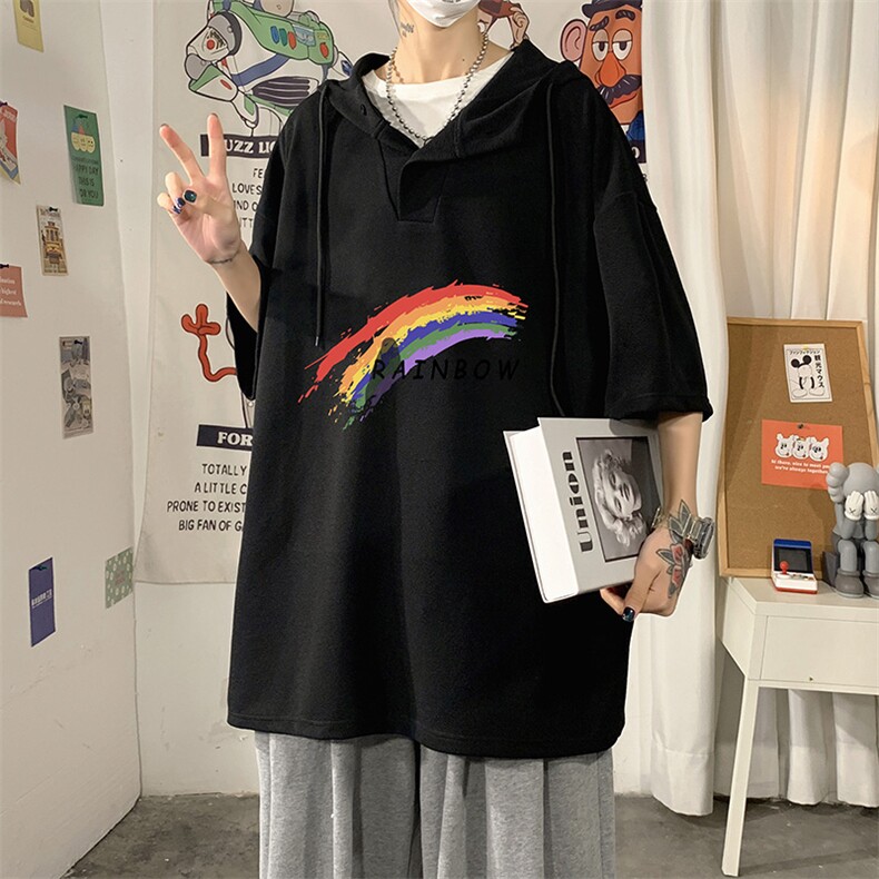 LD54064-P45连帽短袖t恤男大码胖子带帽五分袖中袖海报风,男装T恤,电商A040