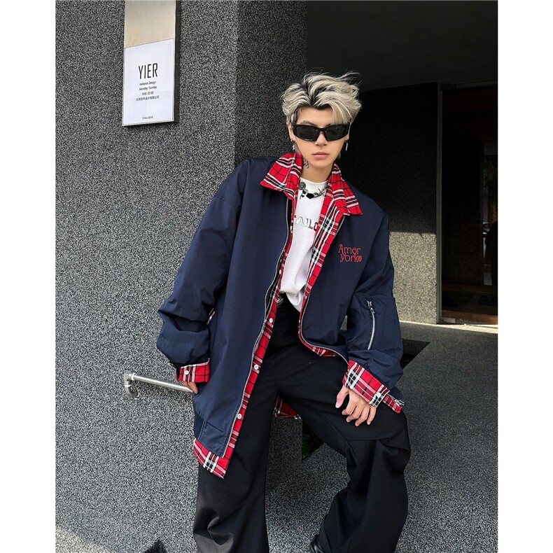 Q17/P69 美式小众格子拼接假两件外套男女春复古工装飞行员夹克潮图片