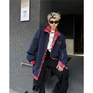 Q17/P69 美式小众格子拼接假两件外套男女春复古工装飞行员夹克潮图片