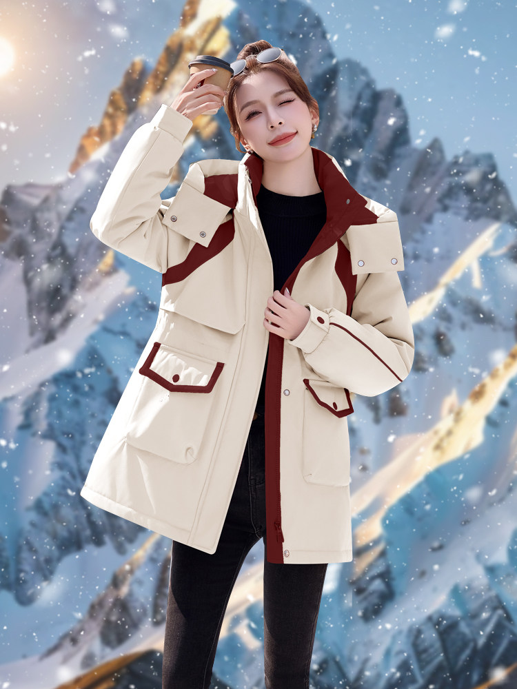 羽绒服明星同款2025冬季新品收腰冲锋衣中长款派克服外套女户外,女装羽绒服,意芙