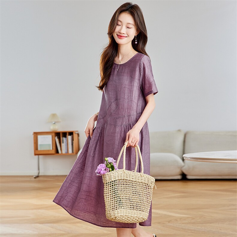 妍蝶女士连衣裙2026夏季新款时尚简约休闲宽松显瘦短袖中长款裙子,女装连衣裙,简韵佳