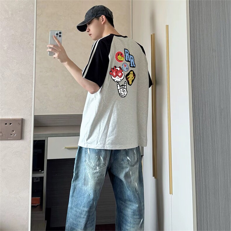 抖音得物品质二开240克宽松纯棉美式潮牌插肩三杠织带短袖T恤图片