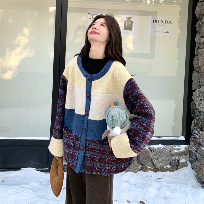 现货！2C056-7091-P195控298（撞色拼接夹棉里布羊羔毛外套）,女装毛呢外套,2C056