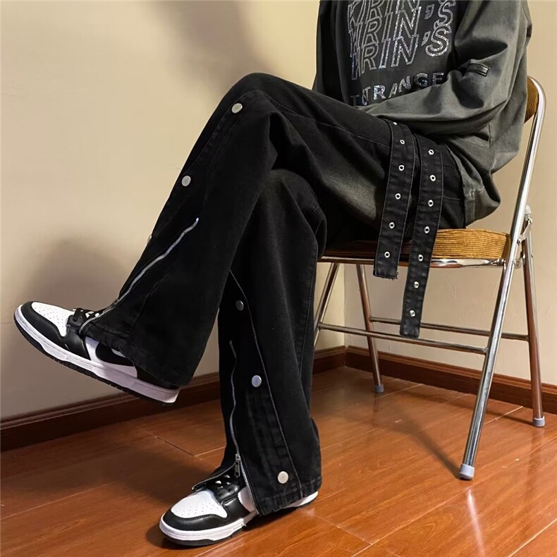 潮高街排扣牛仔裤男拉链开衩设计感宽松直筒拖地裤子N4004-P57,男装牛仔裤,星座1109-3