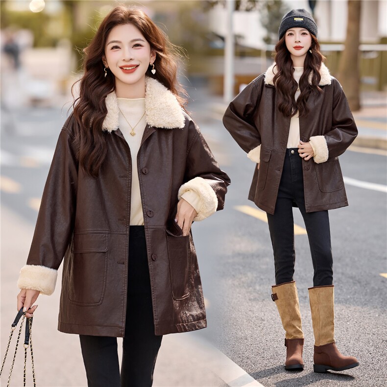 2025年冬季新款时尚大气加厚加绒保暖皮衣外套，女装皮衣，贵人树