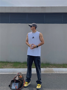美式复古背心健身显肌肉无袖t恤纯棉重磅小领口坎肩运动汗衫图片