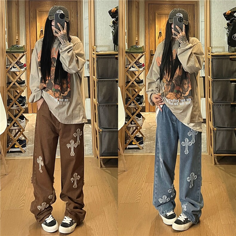 秋季新款十字架毛边贴布刺绣牛仔裤女模XZ604-KN08-P65控78,男装牛仔裤,星座604