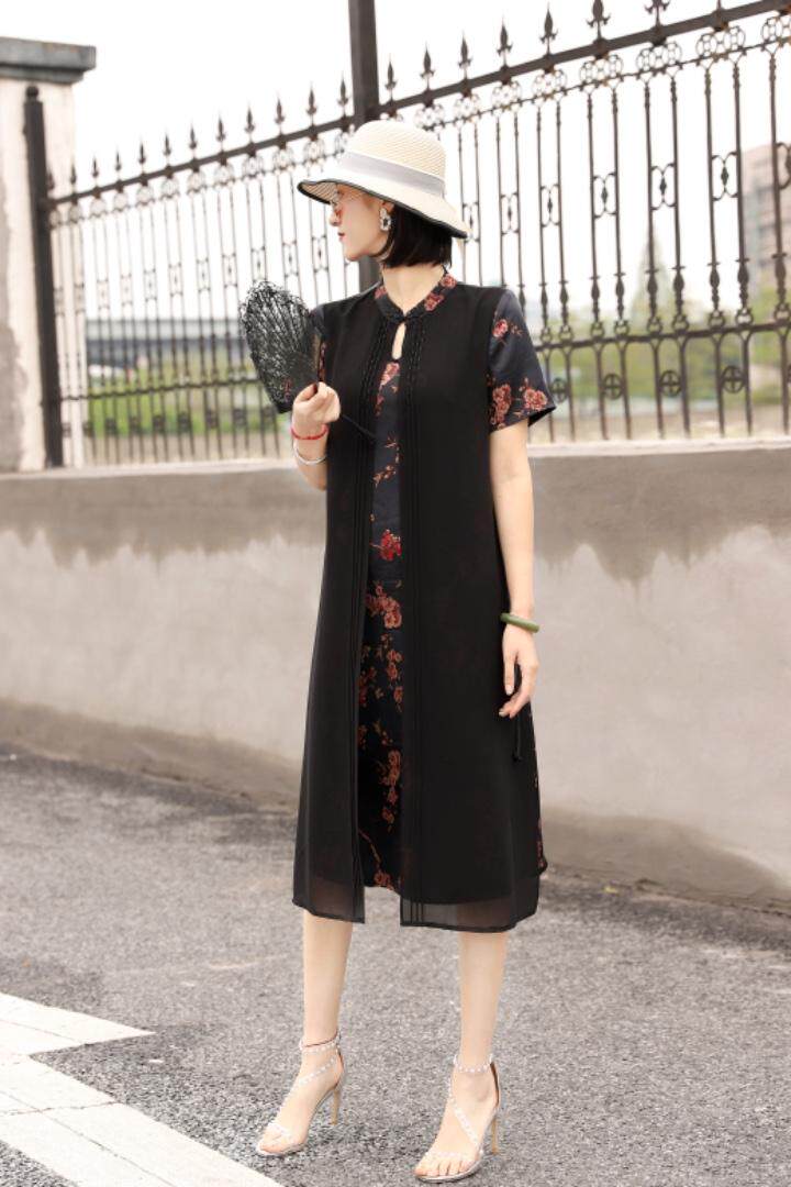 假两件真丝缎连衣裙，女装连衣裙，澳洛菲