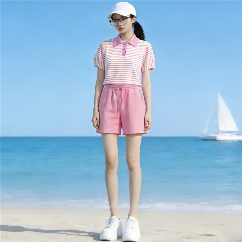 韩版运动休闲套装女夏季新款时髦减龄条纹Polo领上衣阔腿裤两件套,女装套装/套裙,江南