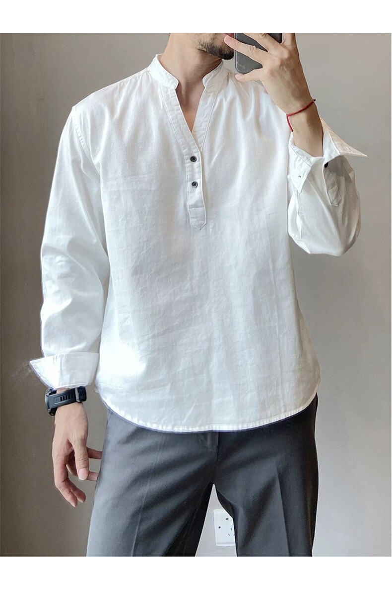 老钱风复古半开扣V领设计感纯棉松弛感长袖衬衫15066/P60特,男装衬衫,电商A243